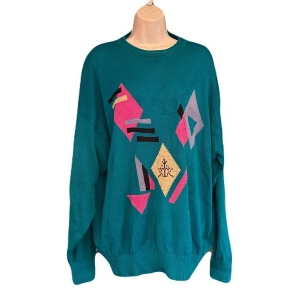 Vintage St. Croix Shop Geometric Pattern Knit Teal Sweater Size Large - Picture 2 of 7